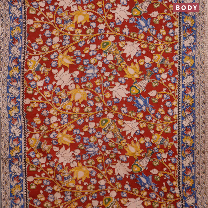 Kalamkari cotton saree maroon and blue with allover prints and printed border