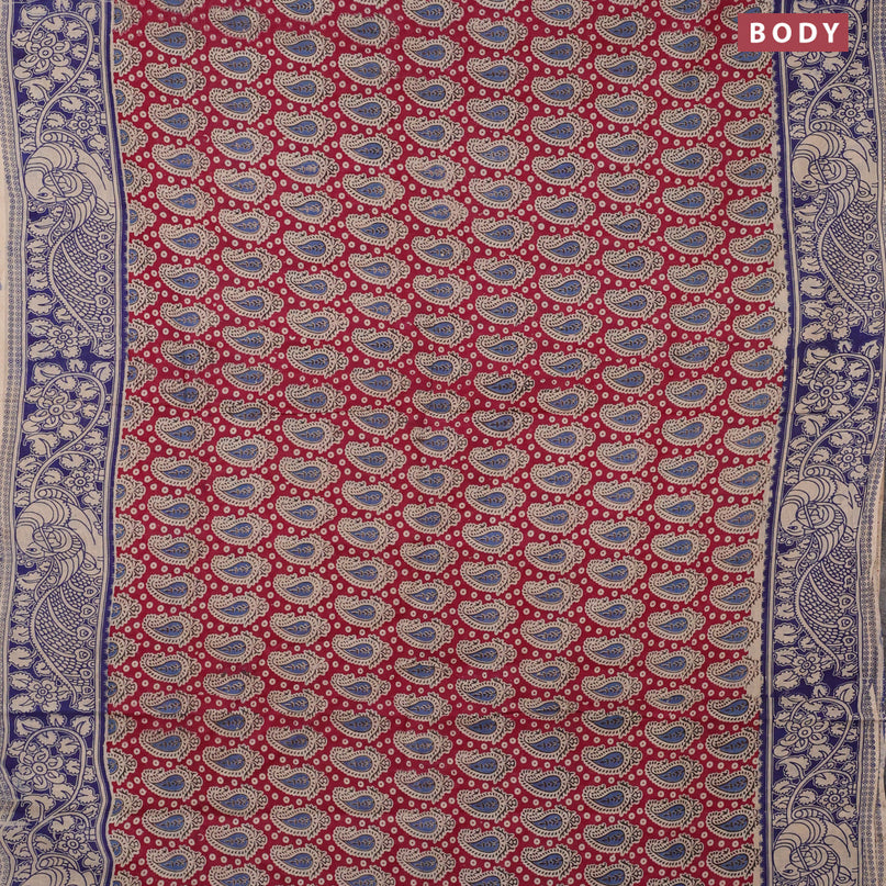 Kalamkari cotton saree dark magenta pink and blue with allover prints and printed border
