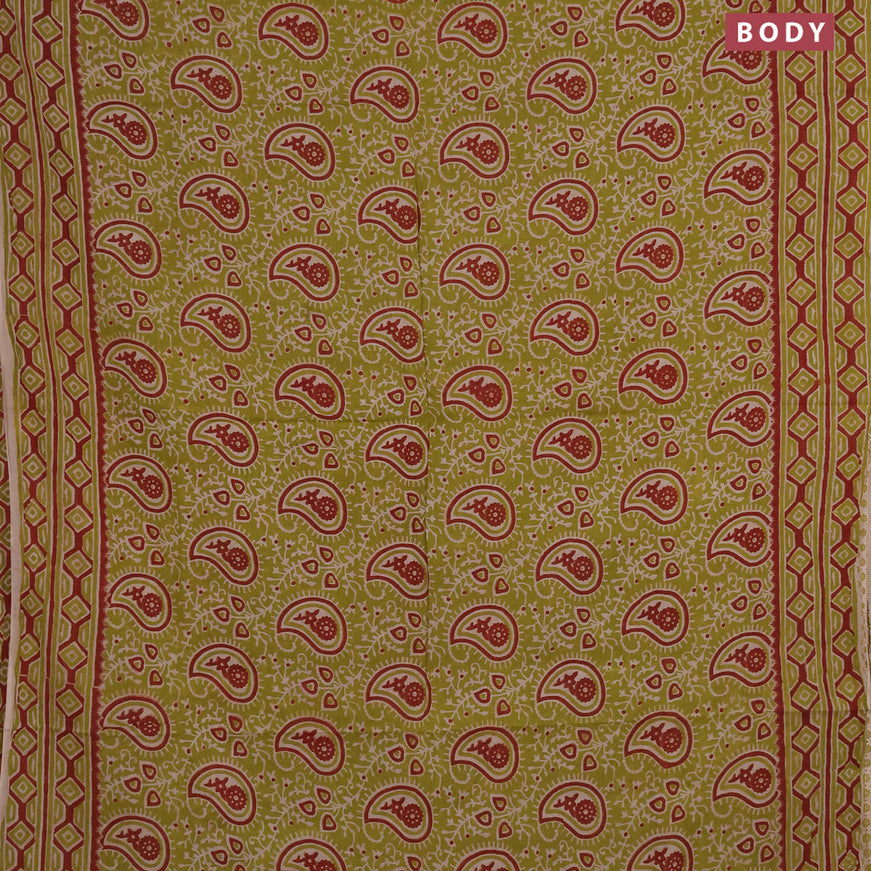 Kalamkari cotton saree light green and maroon with allover prints and printed border