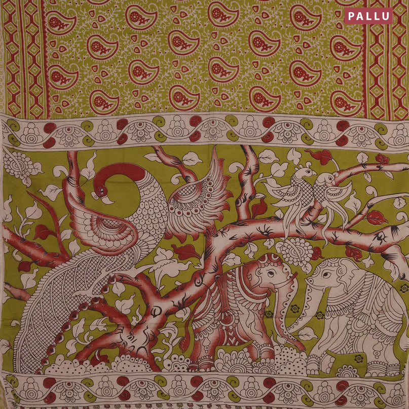 Kalamkari cotton saree light green and maroon with allover prints and printed border