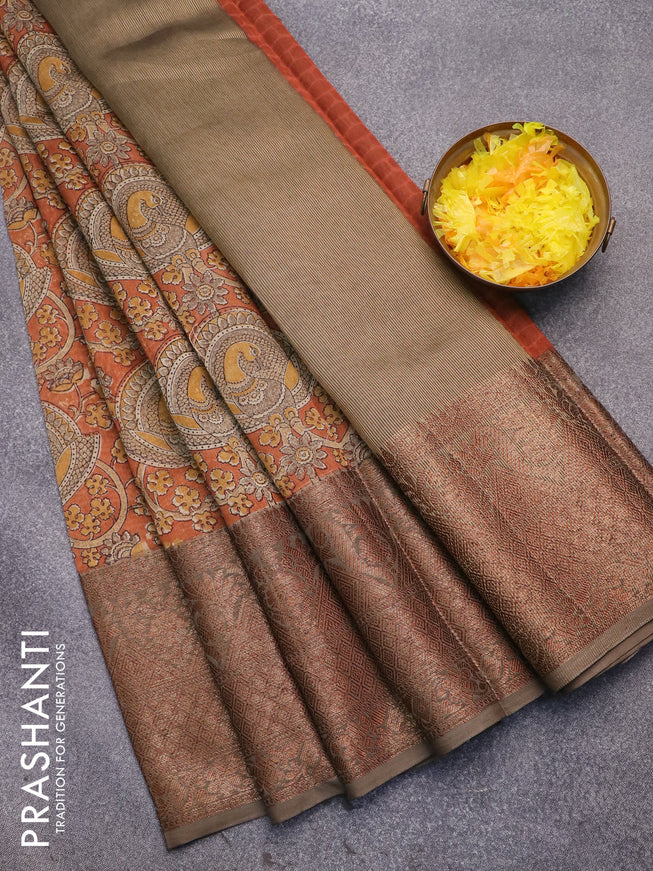 Chanderi silk cotton saree dark mustard and dark grey with allover kalamkari prints and long banarasi style border