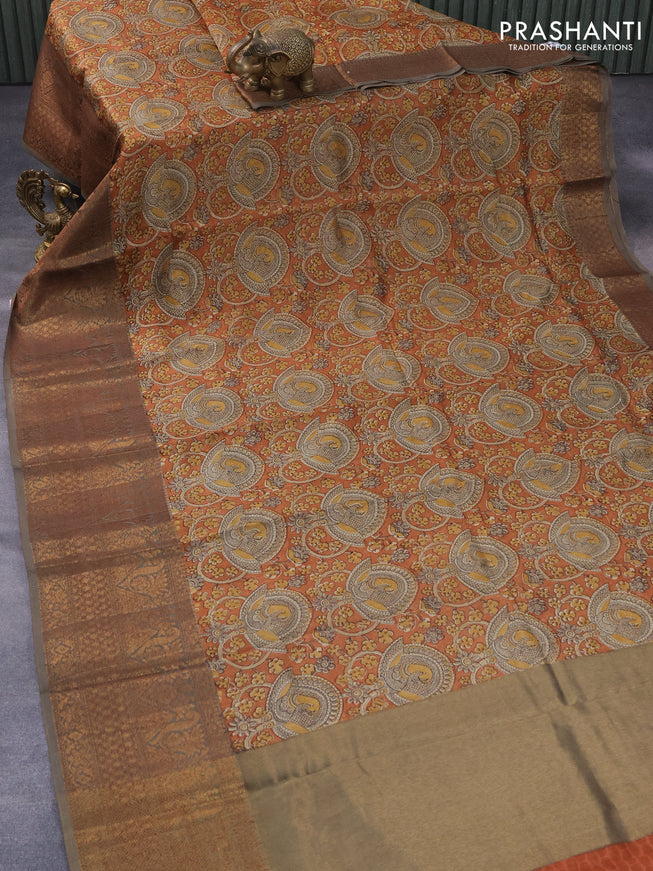 Chanderi silk cotton saree dark mustard and dark grey with allover kalamkari prints and long banarasi style border
