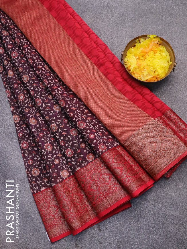 Chanderi silk cotton saree wine shade and red with allover floral prints and woven border