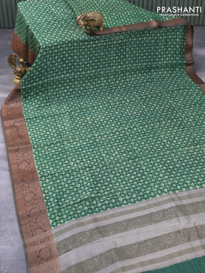 Chanderi silk cotton saree green and dark mehendi green with allover prints and woven border