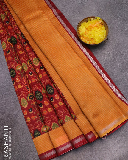 Chanderi silk cotton saree maroon and mango yellow with allover ikat prints and small zari woven border