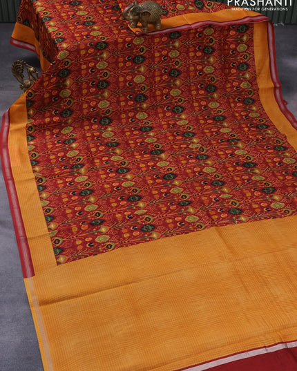 Chanderi silk cotton saree maroon and mango yellow with allover ikat prints and small zari woven border