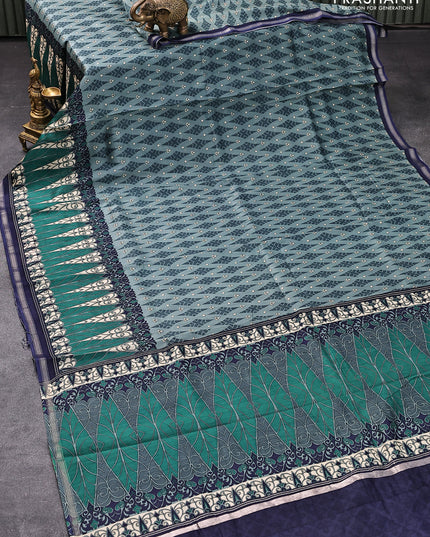 Chanderi silk cotton saree bluish grey and cream with allover prints and small zari woven border