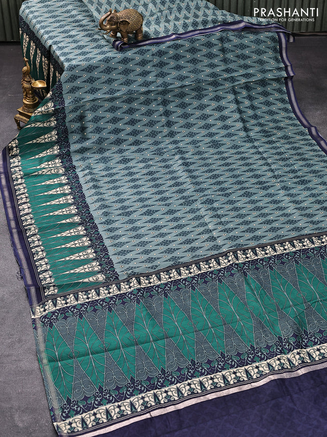 Chanderi silk cotton saree bluish grey and cream with allover prints and small zari woven border