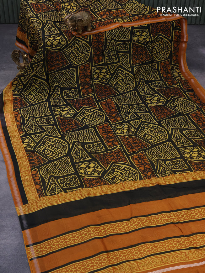 Chanderi silk cotton saree black and dark mustard with allover prints and small zari woven border