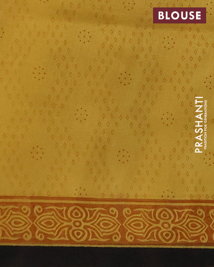 Chanderi silk cotton saree black and dark mustard with allover prints and small zari woven border