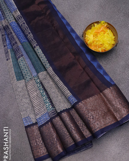 Chanderi silk cotton saree multi colour and navy blue with allover prints and woven border