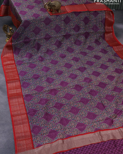 Chanderi silk cotton saree violet and maroon with allover prints and woven border