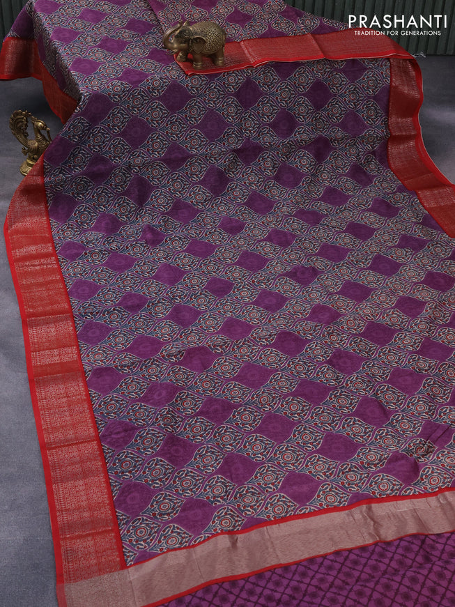 Chanderi silk cotton saree violet and maroon with allover prints and woven border
