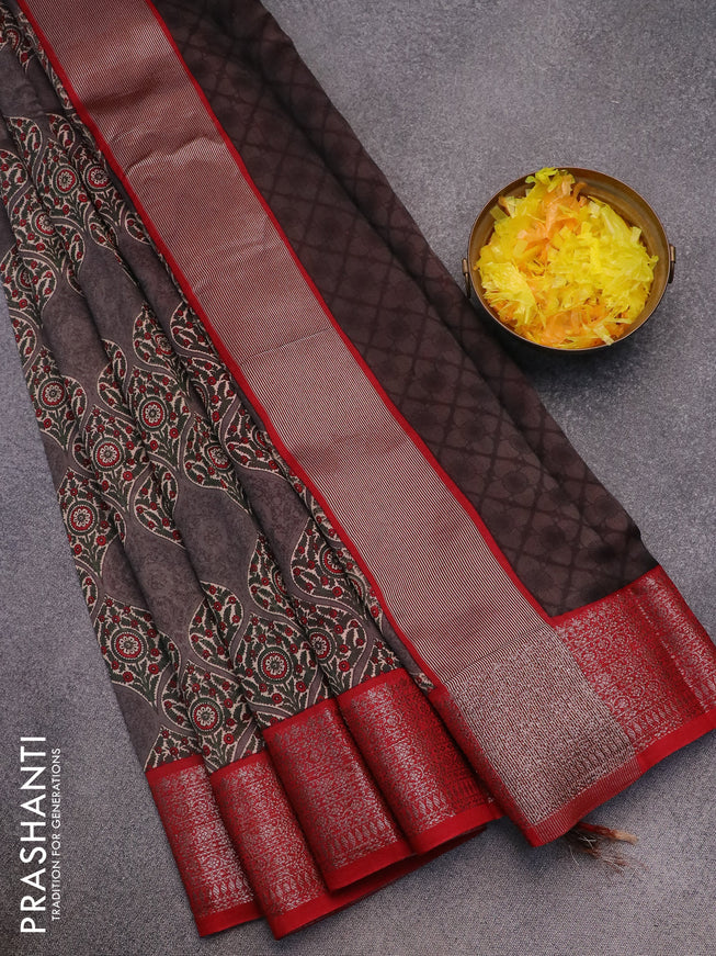 Chanderi silk cotton saree grey and maroon with allover prints and woven border