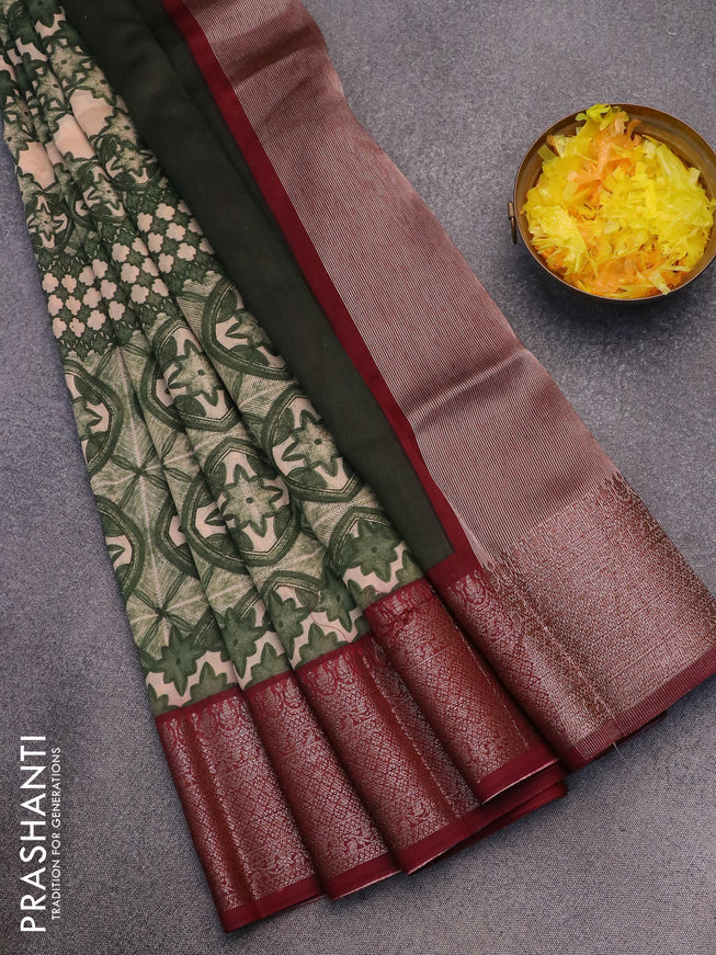 Chanderi silk cotton saree beige green and maroon with allover prints and woven border