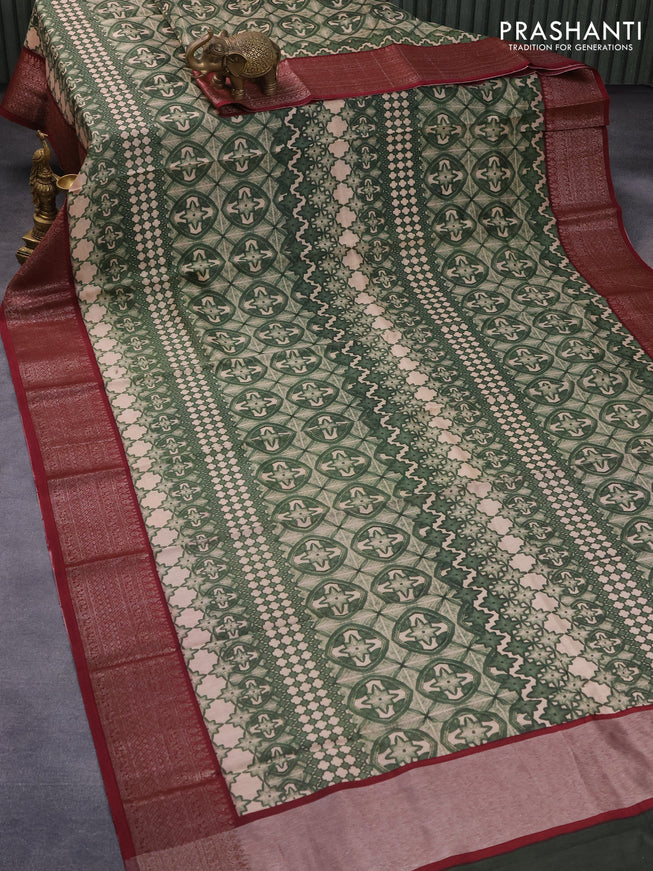 Chanderi silk cotton saree beige green and maroon with allover prints and woven border