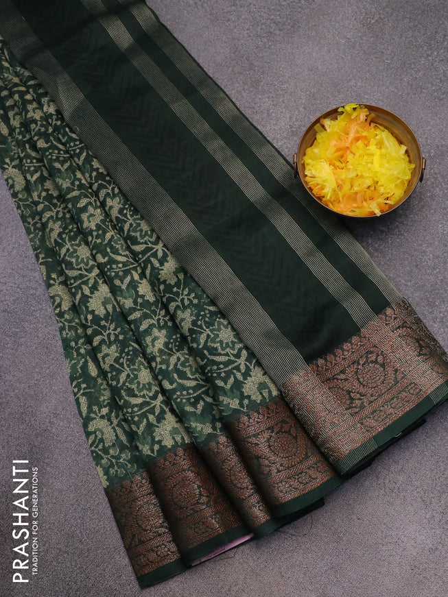 Chanderi silk cotton saree bottle green with allover floral prints and woven border