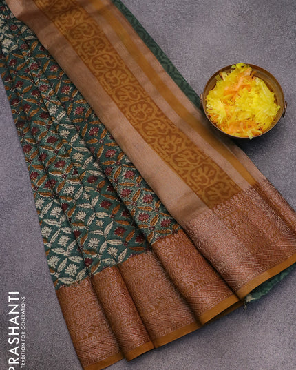 Chanderi silk cotton saree dark green and dark mustard with allover prints and woven border