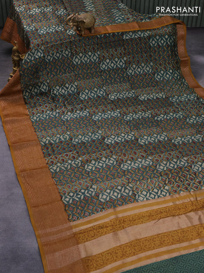 Chanderi silk cotton saree dark green and dark mustard with allover prints and woven border