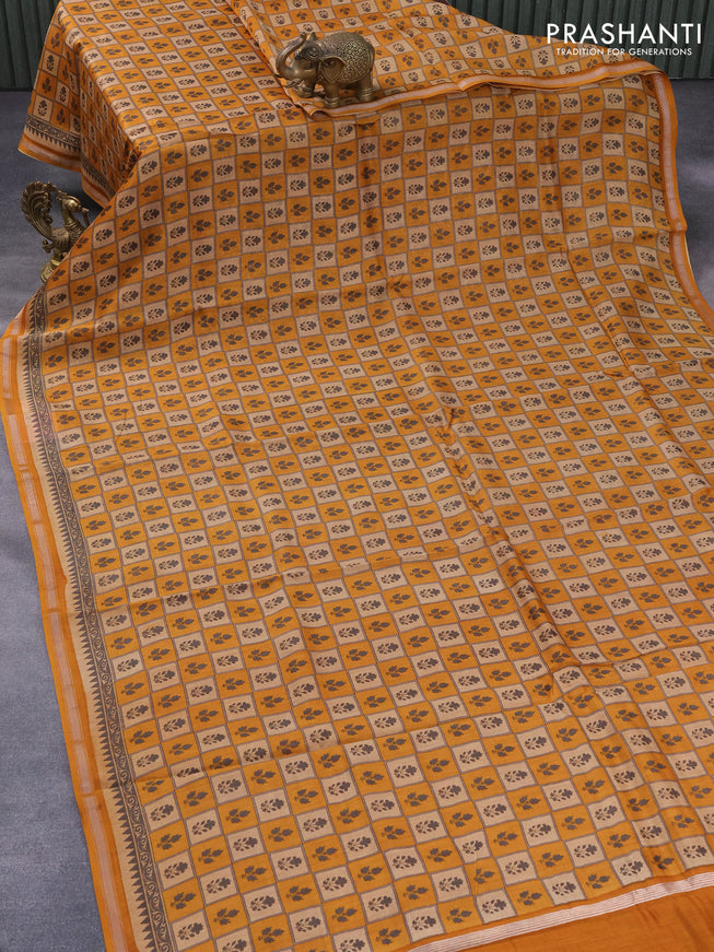 Chanderi silk cotton saree mustard yellow with allover floral butta prints and small zari woven border