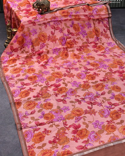 Chanderi silk cotton saree peach pink and brown shade with allover floral prints and small zari woven border