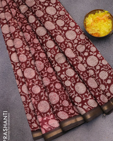 Chanderi silk cotton saree maroon and brown shade with allover prints and small zari woven border