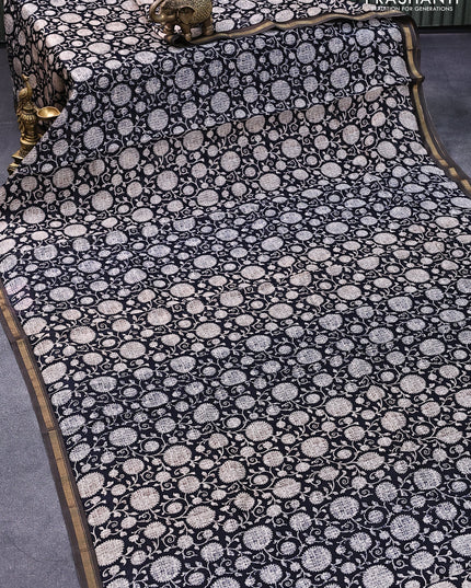 Chanderi silk cotton saree deep navy blue and brown shade with allover prints and small zari woven border