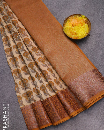 Chanderi silk cotton saree sandal and dark mustard with allover butta prints and woven border