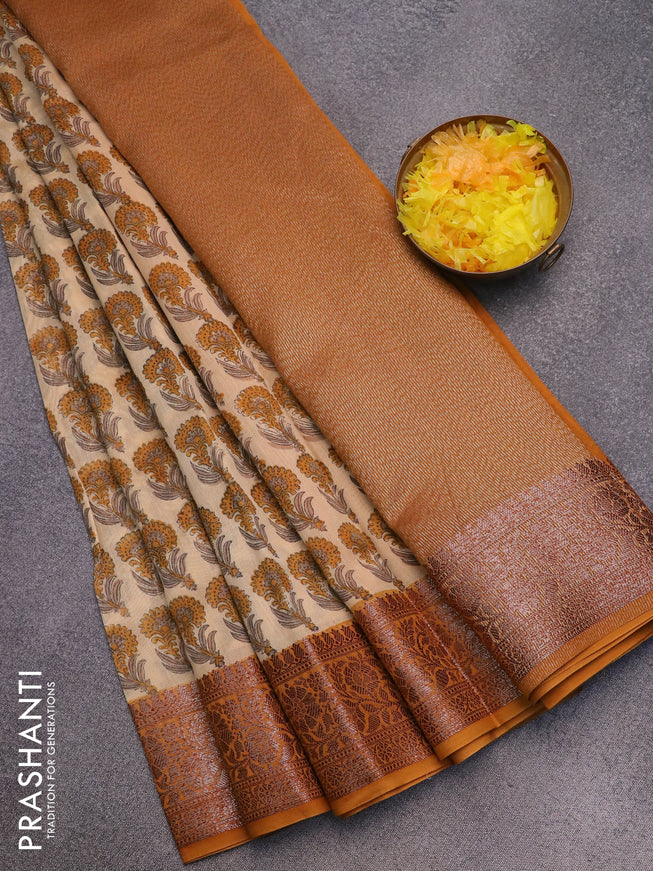 Chanderi silk cotton saree sandal and dark mustard with allover butta prints and woven border