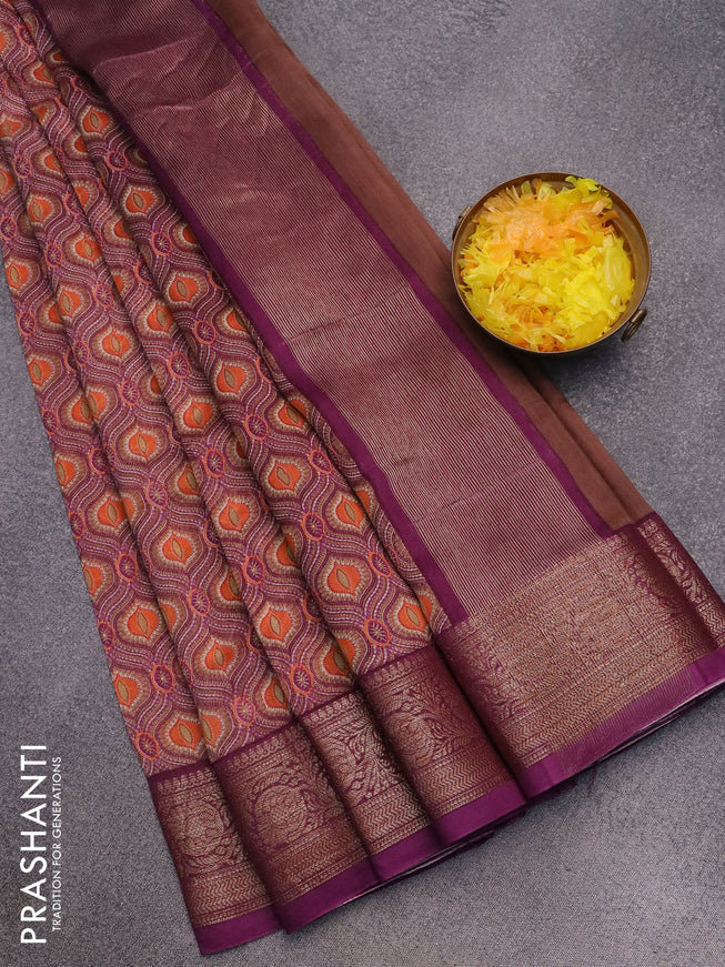 Chanderi silk cotton saree purple with allover prints and woven border