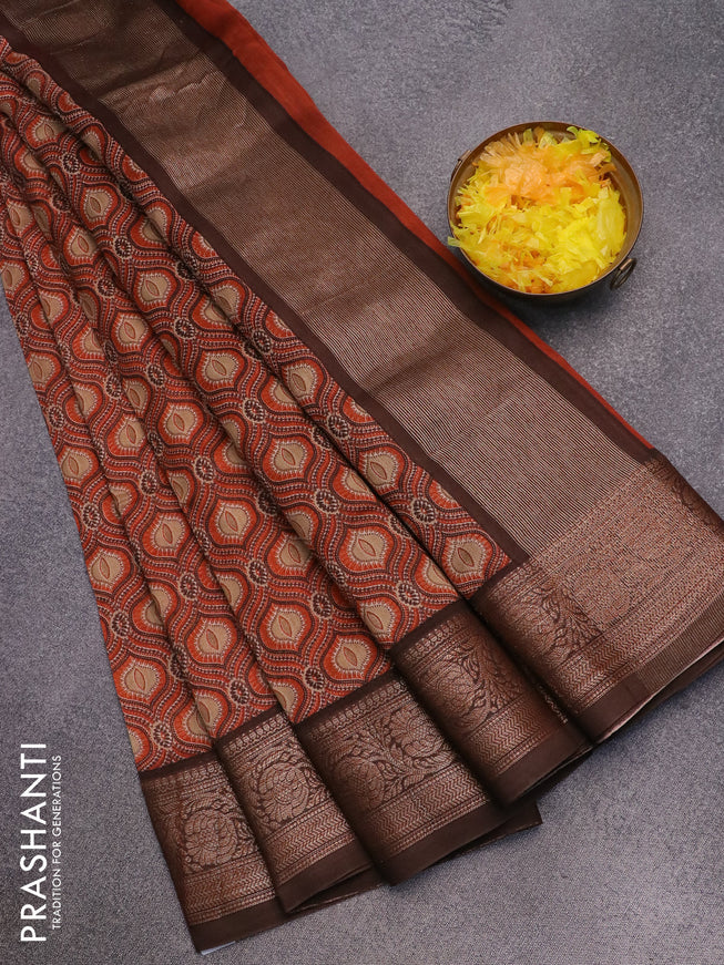 Chanderi silk cotton saree orange and brown with allover prints and woven border