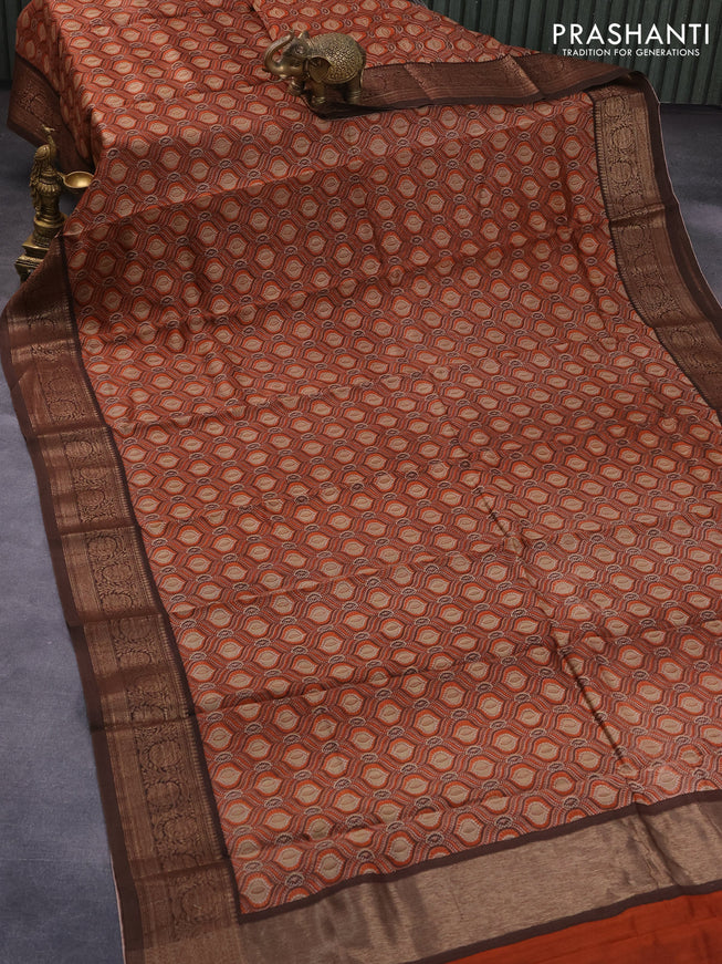 Chanderi silk cotton saree orange and brown with allover prints and woven border