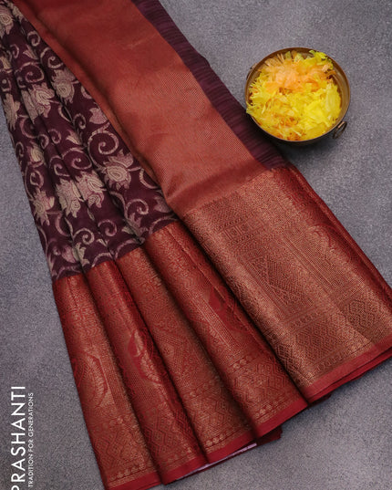 Chanderi silk cotton saree wine shade and maroon with allover prints and long banarasi style border