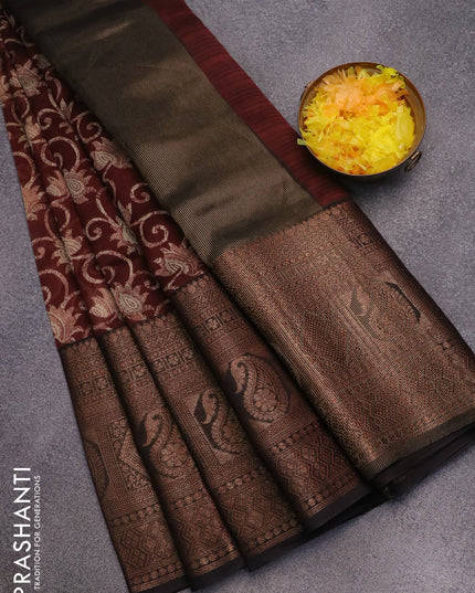 Chanderi silk cotton saree maroon and black with allover prints and long banarasi style border