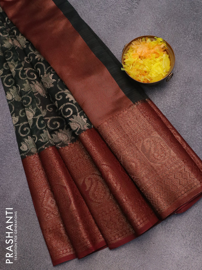 Chanderi silk cotton saree bottle green and maroon with allover prints and long banarasi style border