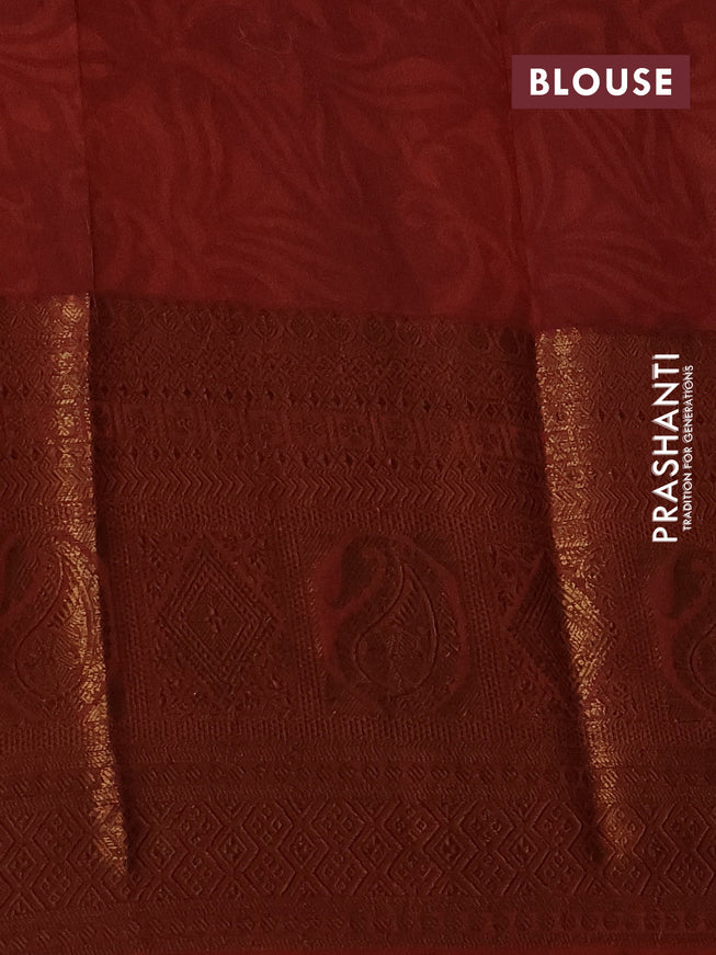 Chanderi silk cotton saree maroon and rustic orange with allover prints and long banarasi style border