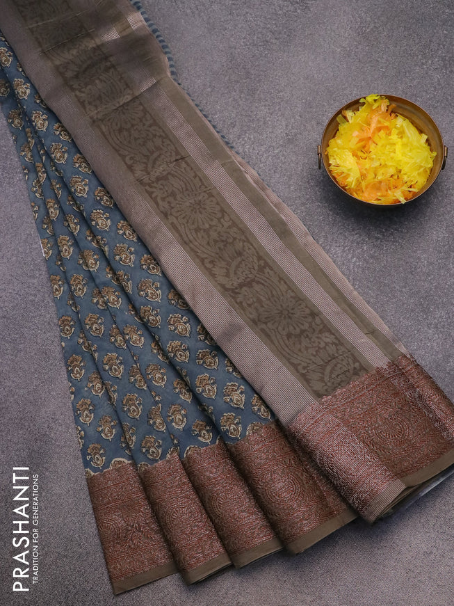 Chanderi silk cotton saree greyish blue and grey with allover butta prints and woven border
