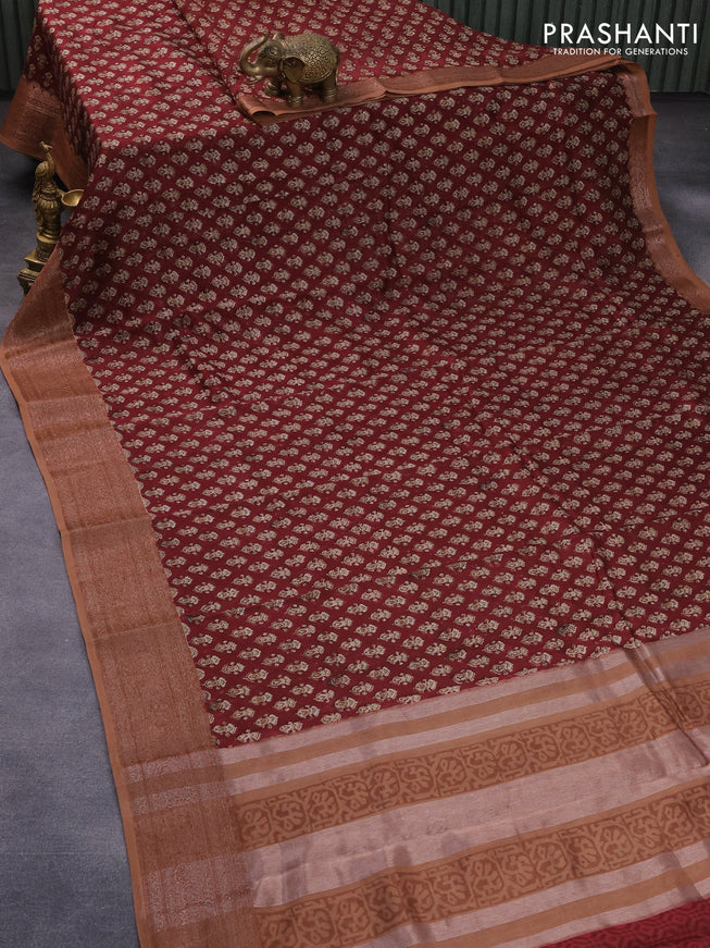 Chanderi silk cotton saree maroon and brown with allover butta prints and woven border