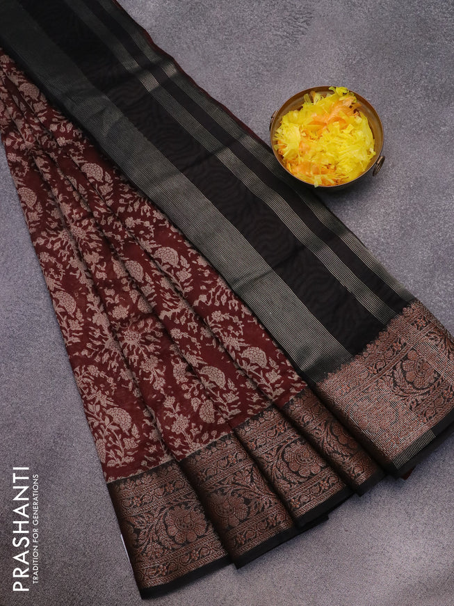 Chanderi silk cotton saree maroon and black with allover prints and woven border
