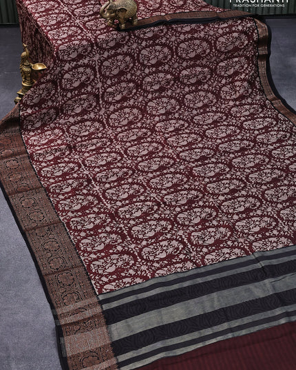Chanderi silk cotton saree maroon and black with allover prints and woven border