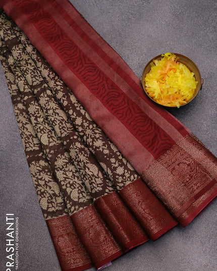 Chanderi silk cotton saree brown shade and maroon with allover prints and woven border