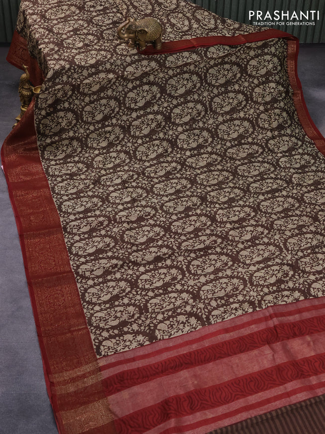Chanderi silk cotton saree brown shade and maroon with allover prints and woven border