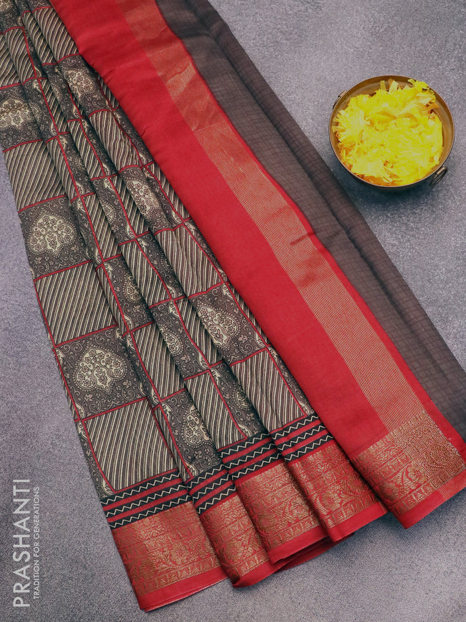 Chanderi silk cotton saree grey and red with allover prints and woven border