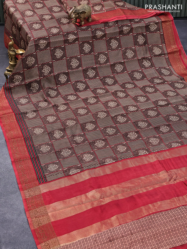 Chanderi silk cotton saree brown and red with allover prints and woven border
