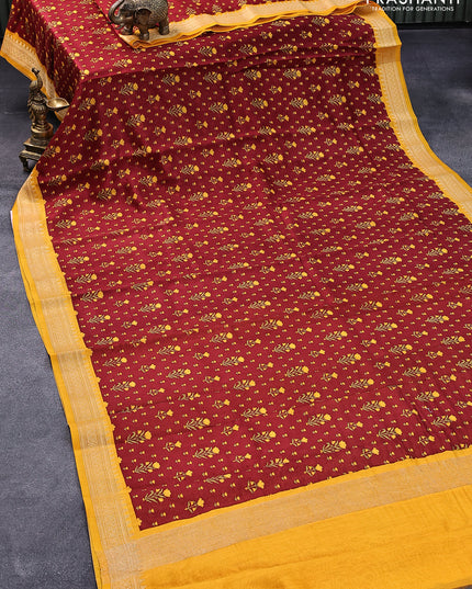 Chanderi silk cotton saree maroon and mango yellow with allover floral butta prints and woven border
