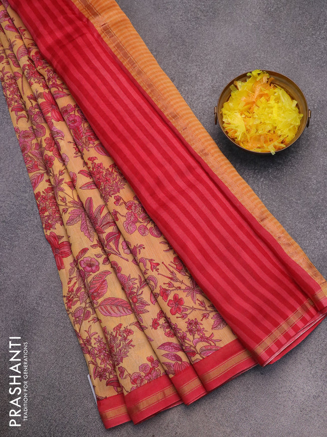 Chanderi silk cotton saree yellow shade and red with allover floral prints and woven border