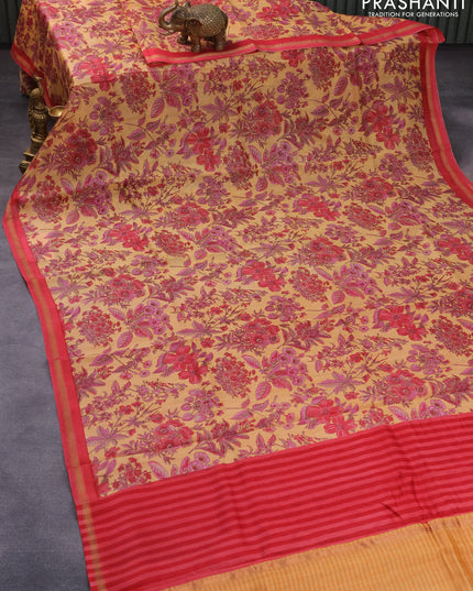 Chanderi silk cotton saree yellow shade and red with allover floral prints and woven border