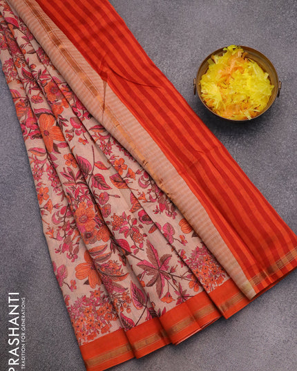 Chanderi silk cotton saree sandal and orange with allover floral prints and woven border