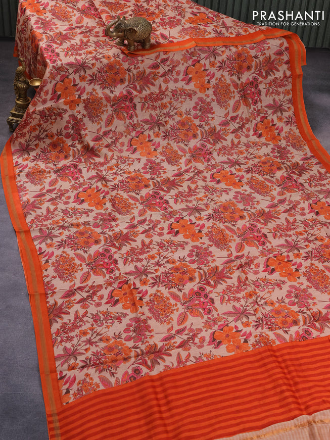 Chanderi silk cotton saree sandal and orange with allover floral prints and woven border