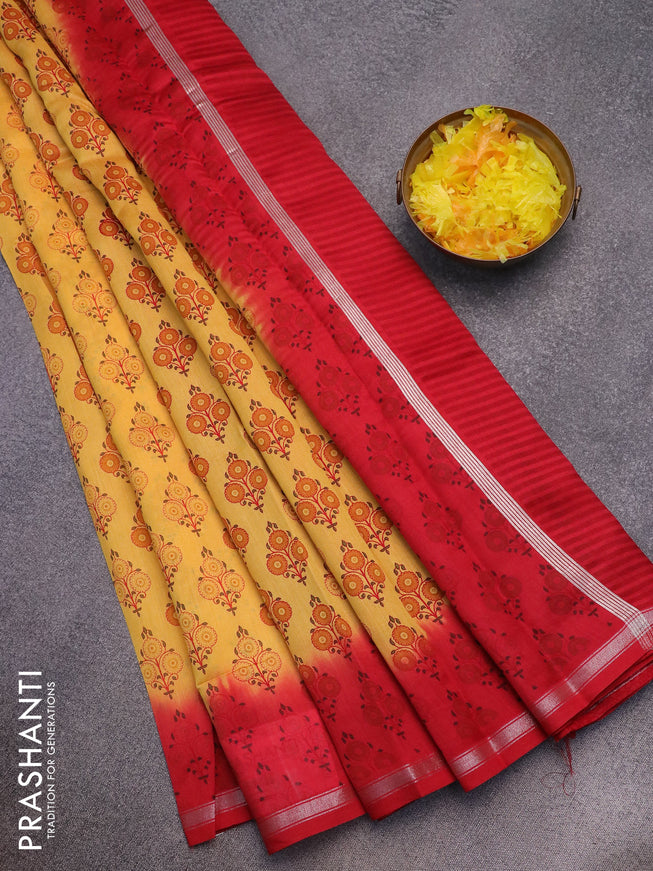 Chanderi silk cotton saree yellow and red with allover butta prints and small zari woven border